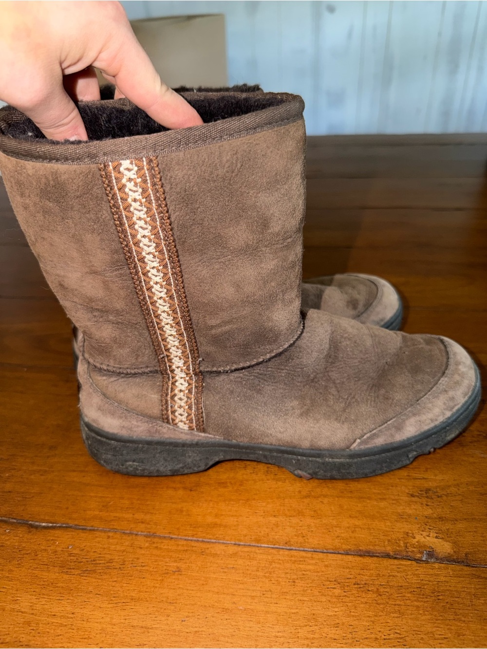 UGG Chestnut Suede Mid-Calf Booties with Woven Side Trim